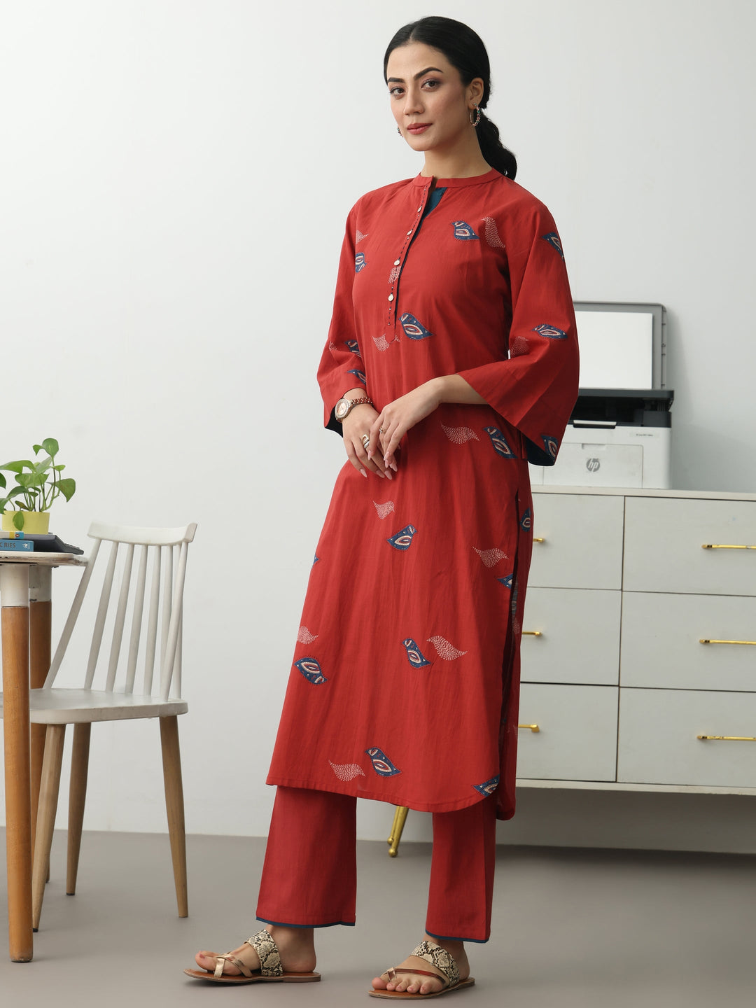  Rust Ethnic Motifs Printed Cotton Blend Straight Kurta Set 