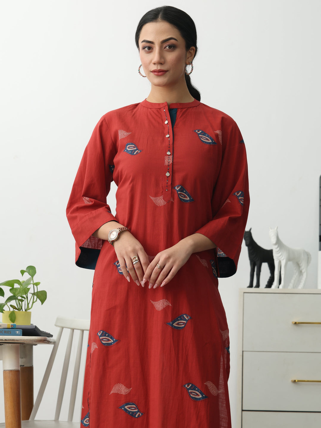  Rust Ethnic Motifs Printed Cotton Blend Straight Kurta Set 