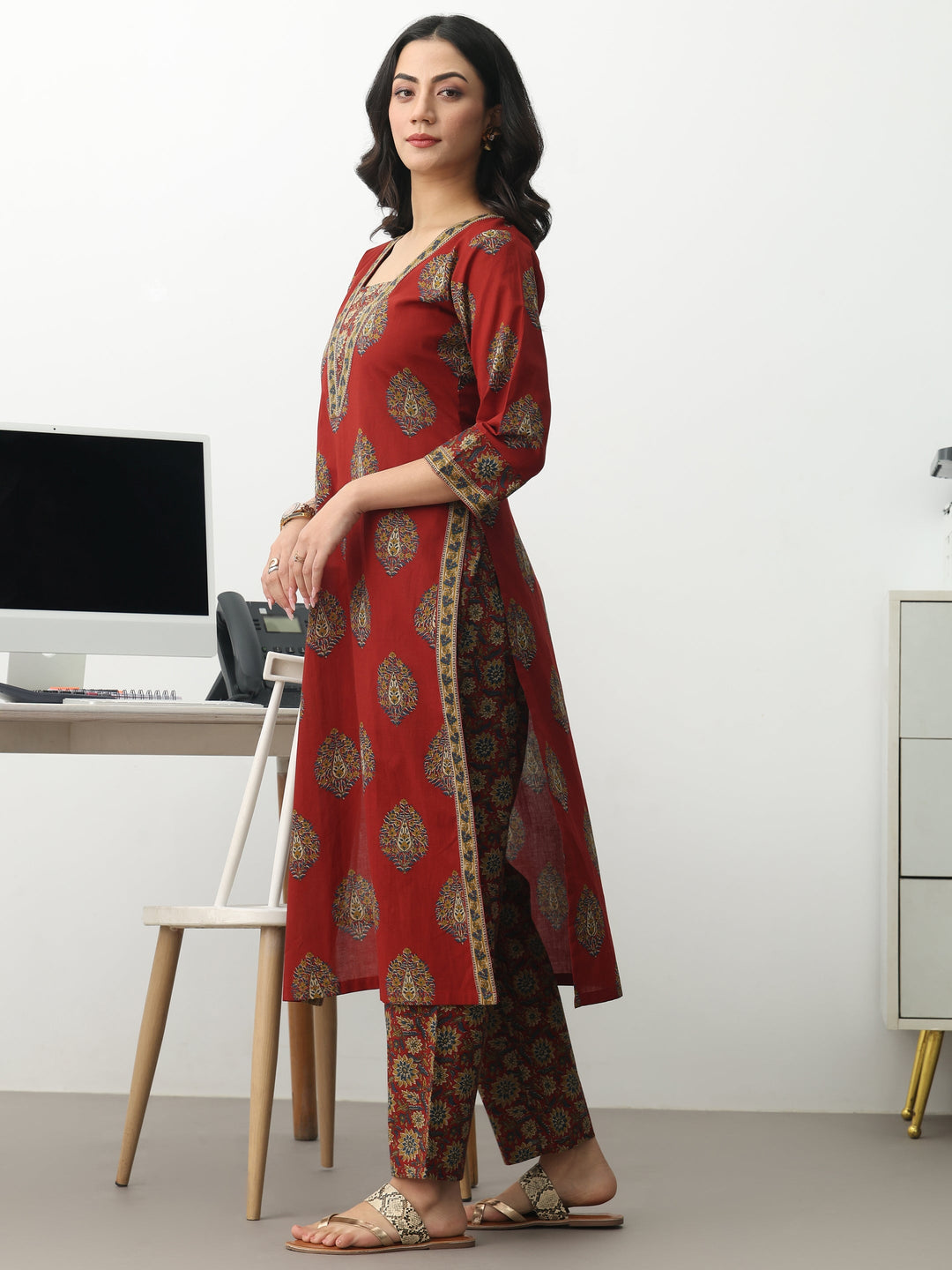  Rust Ethnic Motifs Printed Cotton Blend Straight Kurta Set 