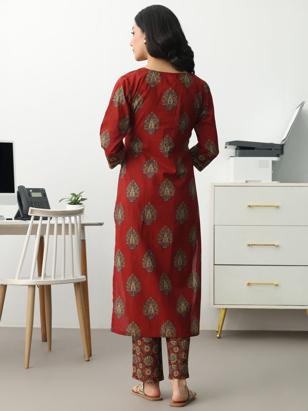  Rust Ethnic Motifs Printed Cotton Blend Straight Kurta Set 