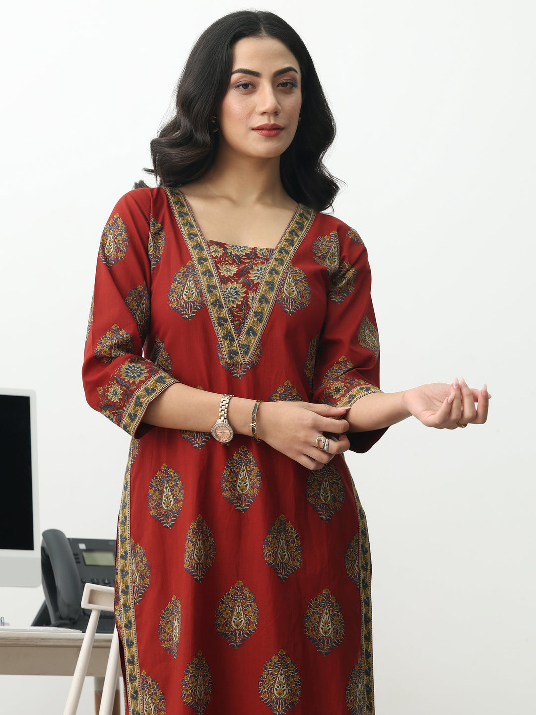  Rust Ethnic Motifs Printed Cotton Blend Straight Kurta Set 