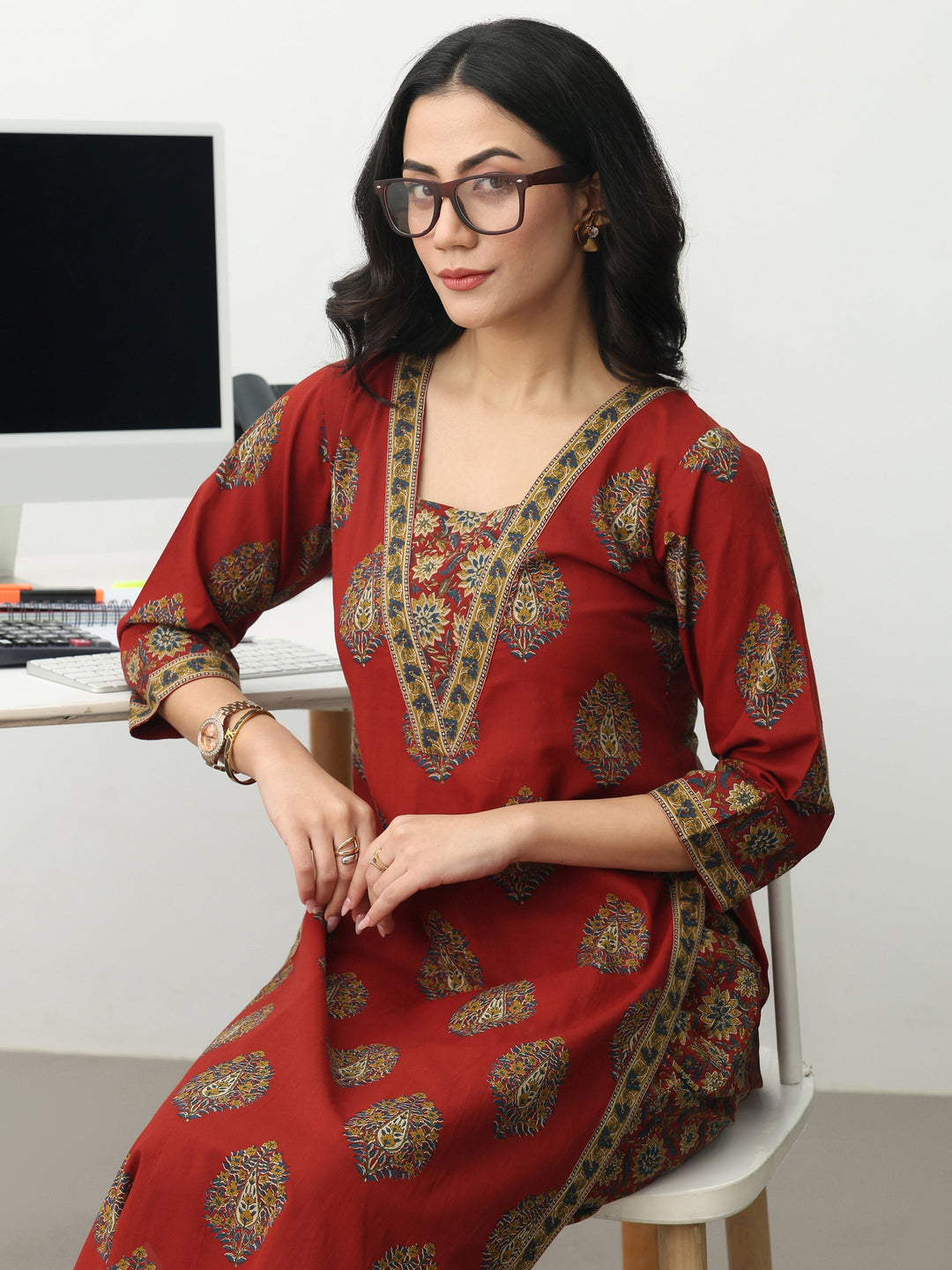  Rust Ethnic Motifs Printed Cotton Blend Straight Kurta Set 