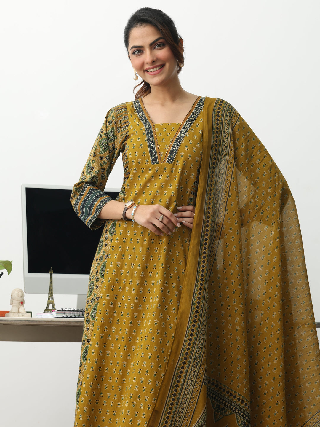  Mustard Ethnic Motifs Printed Cotton Blend A-Line Suit Set With Dupatta 