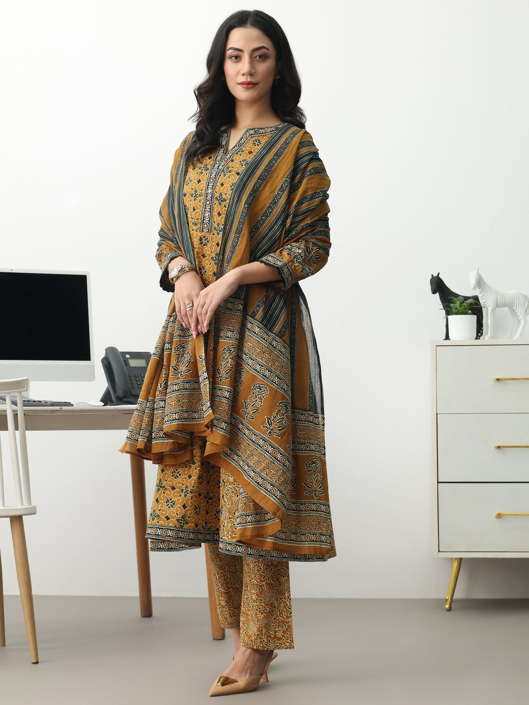  Mustard Ethnic Motifs Printed Cotton Blend A-Line Suit Set With Dupatta 