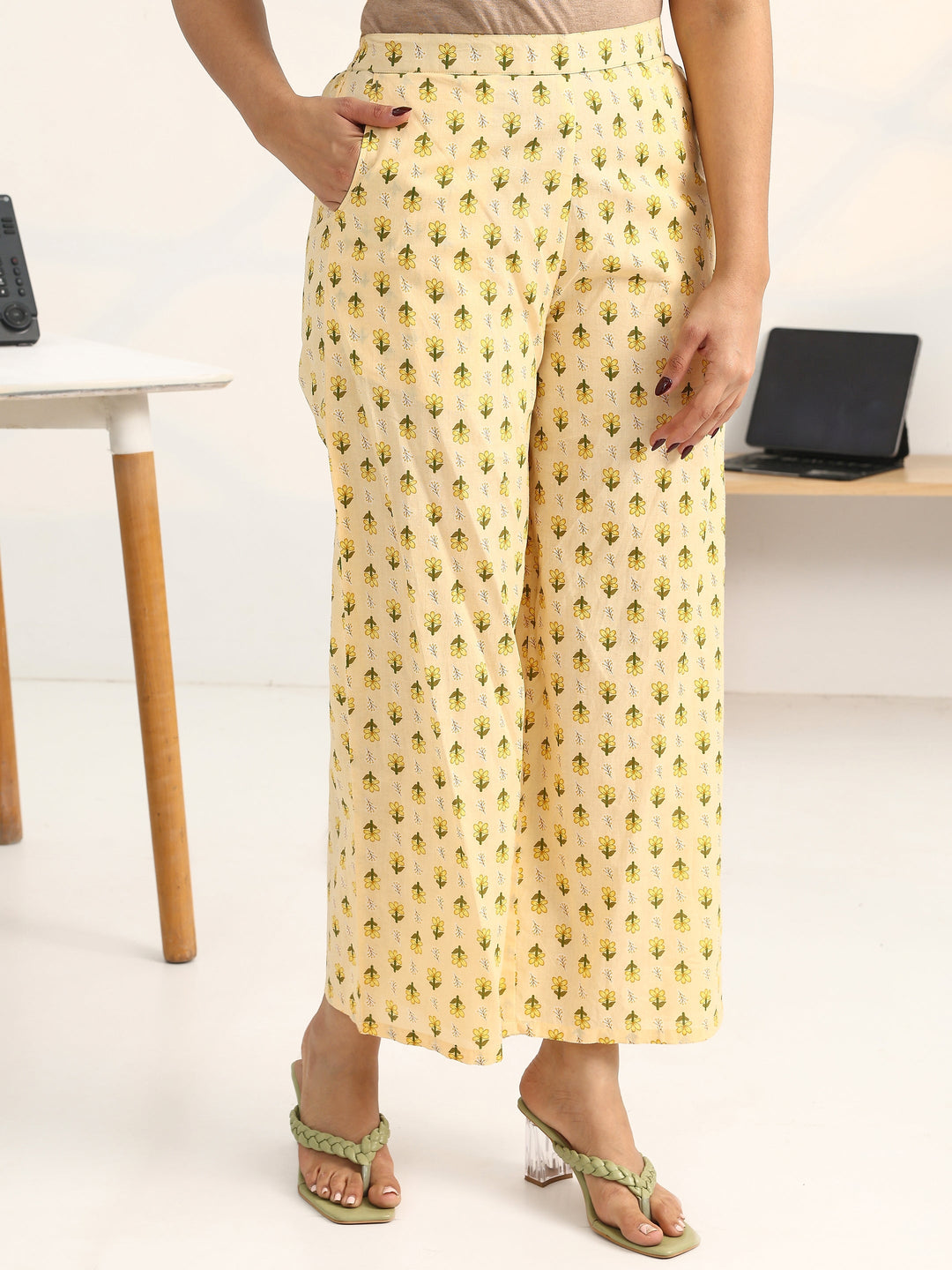  Yellow Floral Printed Cotton Blend A-Line Suit Set With Dupatta 