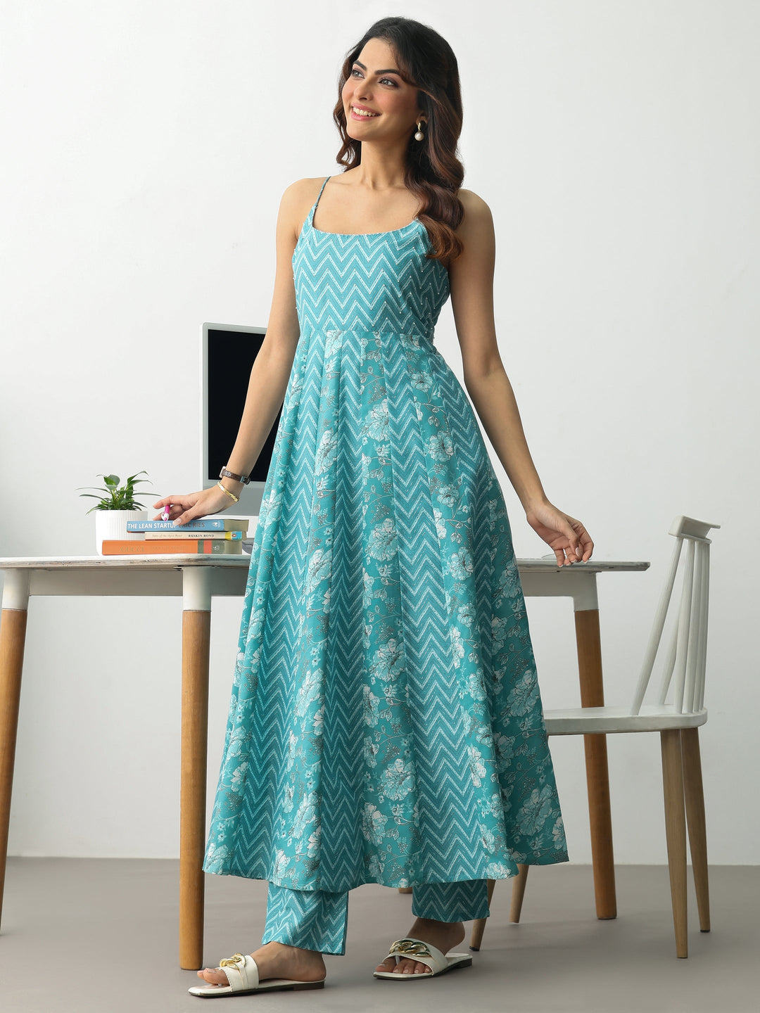  Blue Chevron Printed Cotton Blend Anarkali Suit Set With Dupatta 