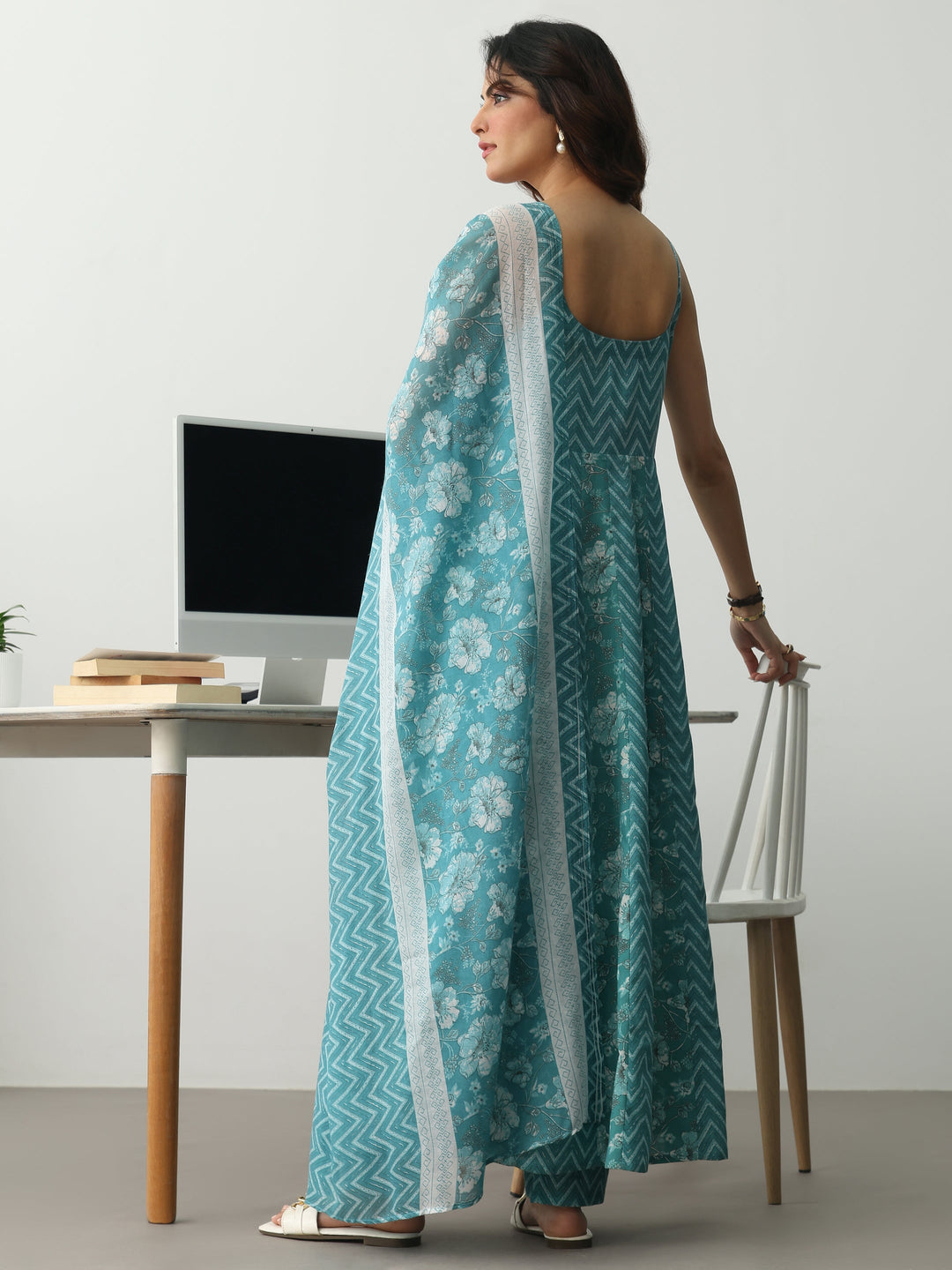  Blue Chevron Printed Cotton Blend Anarkali Suit Set With Dupatta 