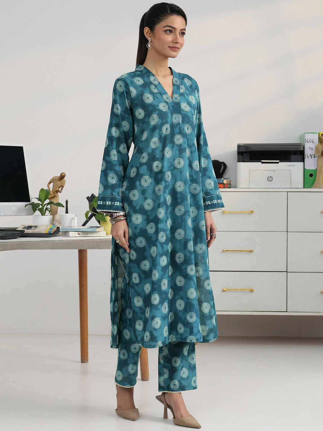  Blue Geometric Woven Design Cotton Blend Straight Kurta Set 
