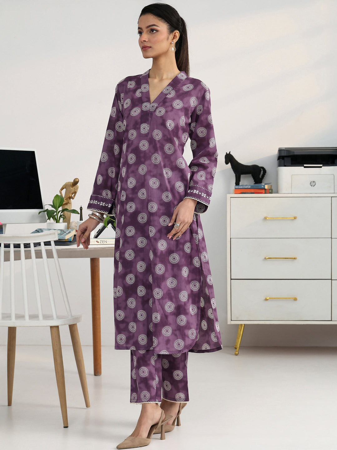  Purple Geometric Woven Design Cotton Blend Straight Kurta Set 