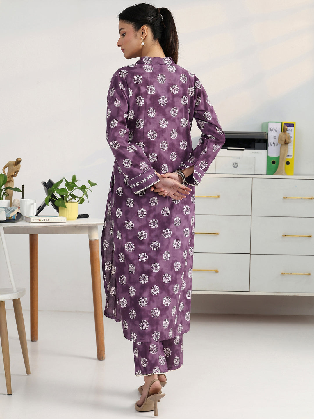  Purple Geometric Woven Design Cotton Blend Straight Kurta Set 
