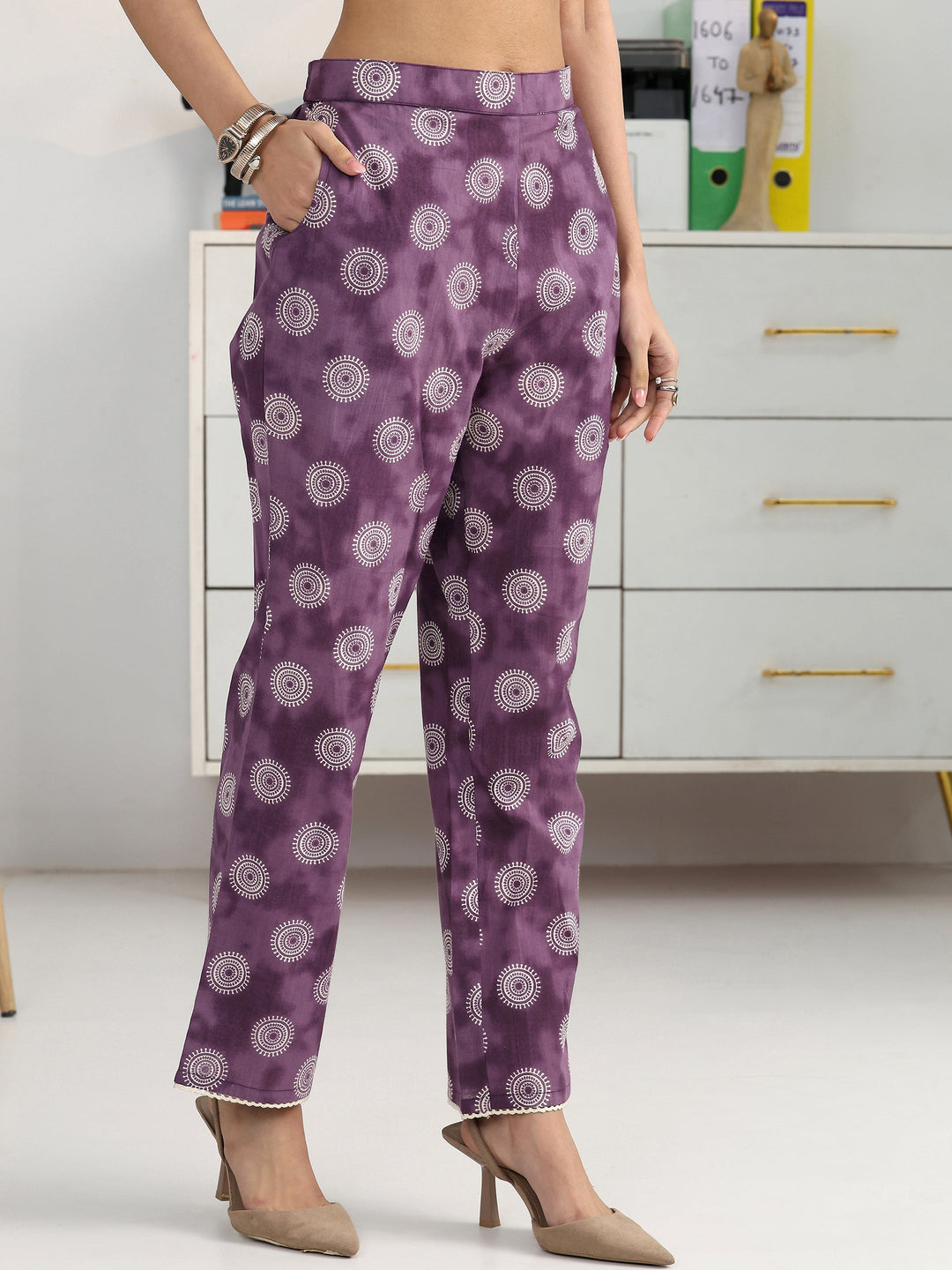  Purple Geometric Woven Design Cotton Blend Straight Kurta Set 