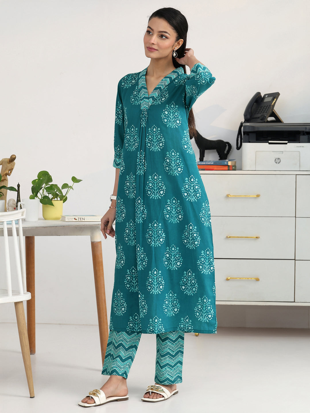  Blue Ethnic Motif Woven Design Cotton Blend A-Line Kurta Set 