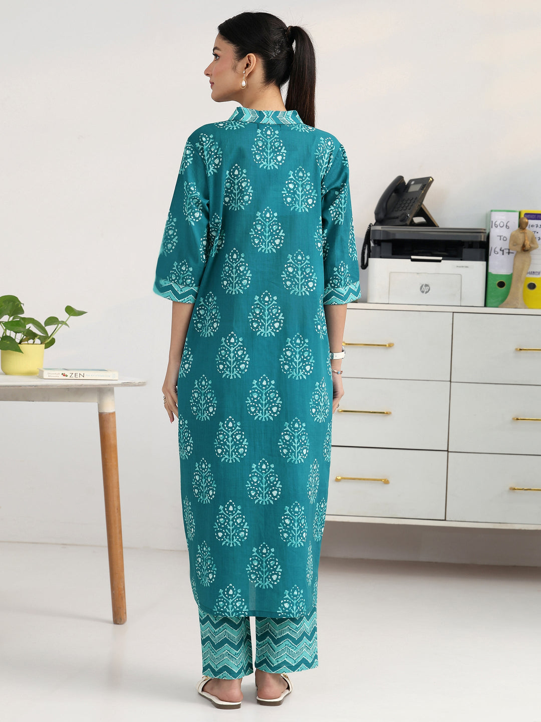  Blue Ethnic Motif Woven Design Cotton Blend A-Line Kurta Set 