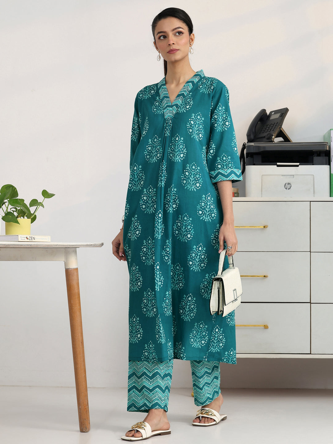  Blue Ethnic Motif Woven Design Cotton Blend A-Line Kurta Set 