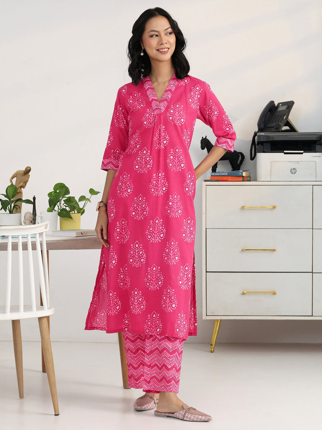  Pink Ethnic Motif Woven Design Cotton Blend Straight Kurta Set 