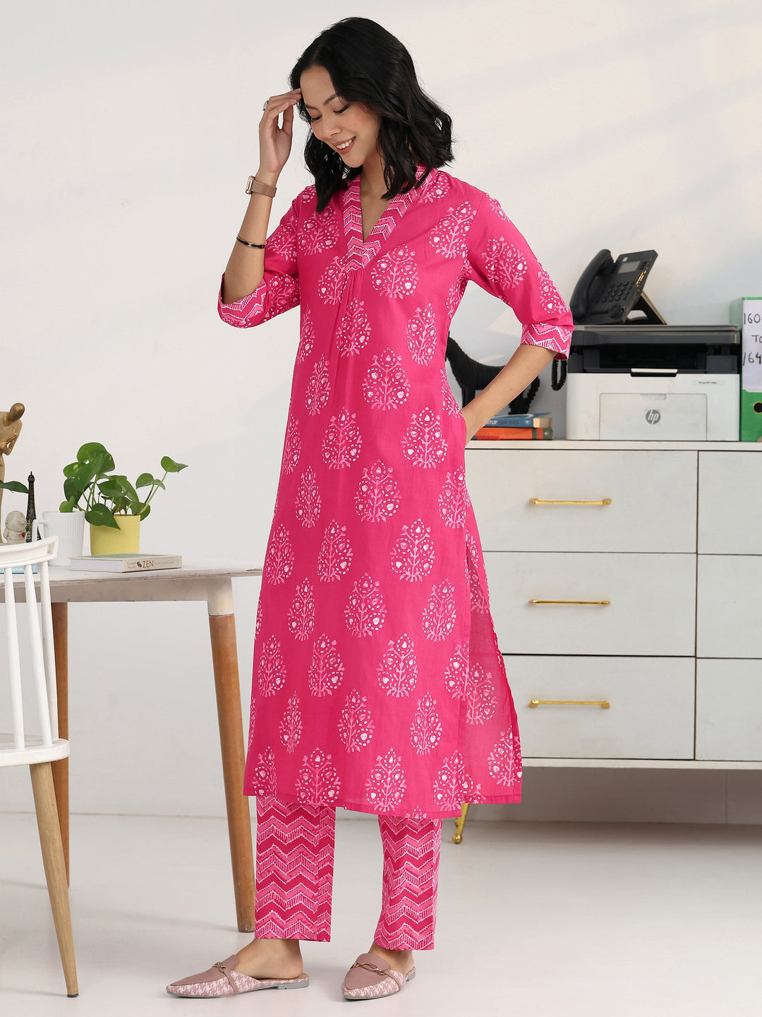  Pink Ethnic Motif Woven Design Cotton Blend Straight Kurta Set 