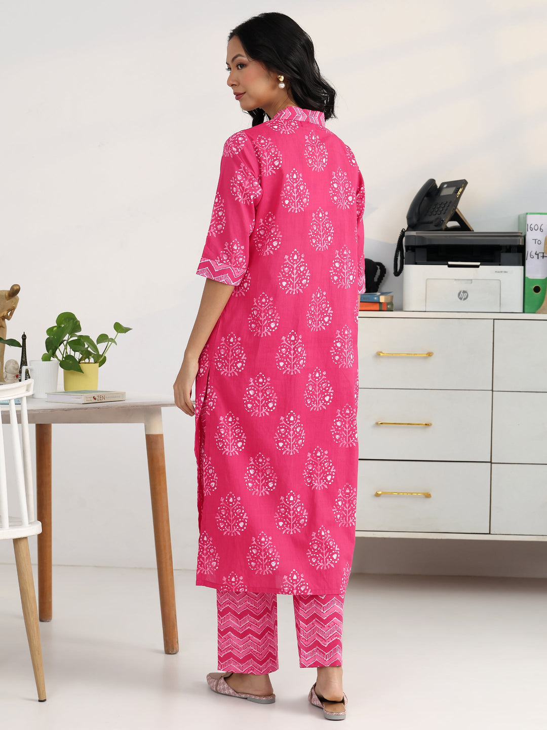  Pink Ethnic Motif Woven Design Cotton Blend Straight Kurta Set 