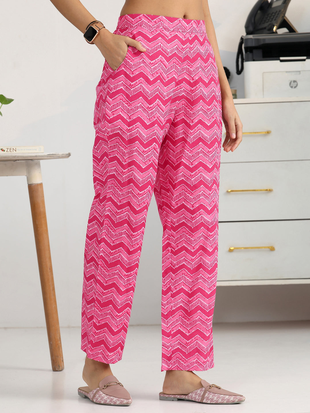  Pink Ethnic Motif Woven Design Cotton Blend Straight Kurta Set 