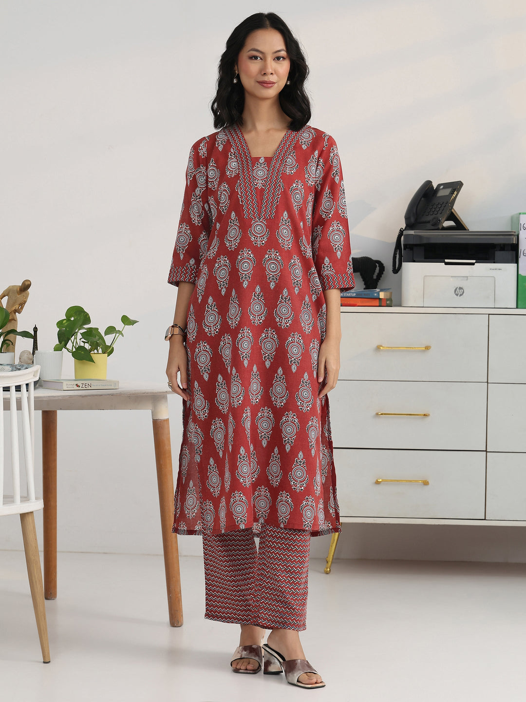  Rust Ethnic Motif Woven Design Cotton Blend Straight Kurta Set 