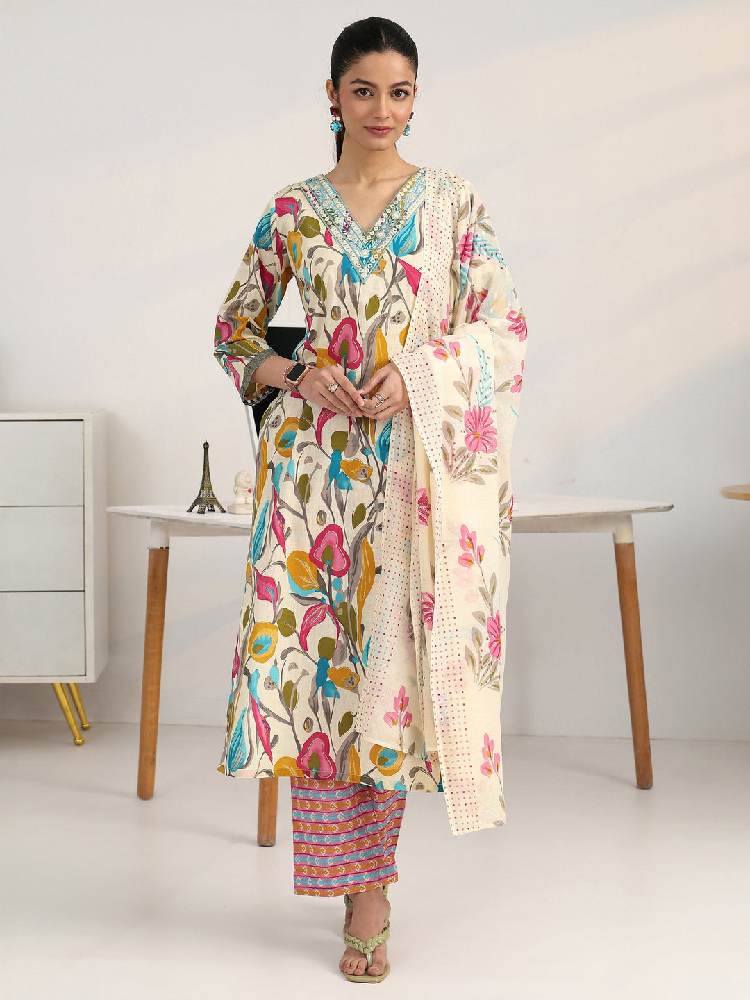  Multi Floral Woven Design Cotton Blend A-Line Suit Set With Dupatta 