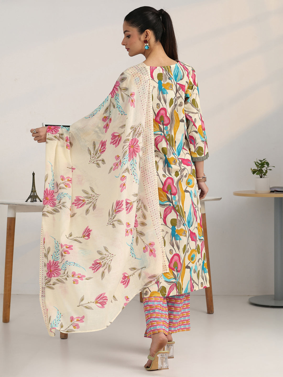  Multi Floral Woven Design Cotton Blend A-Line Suit Set With Dupatta 