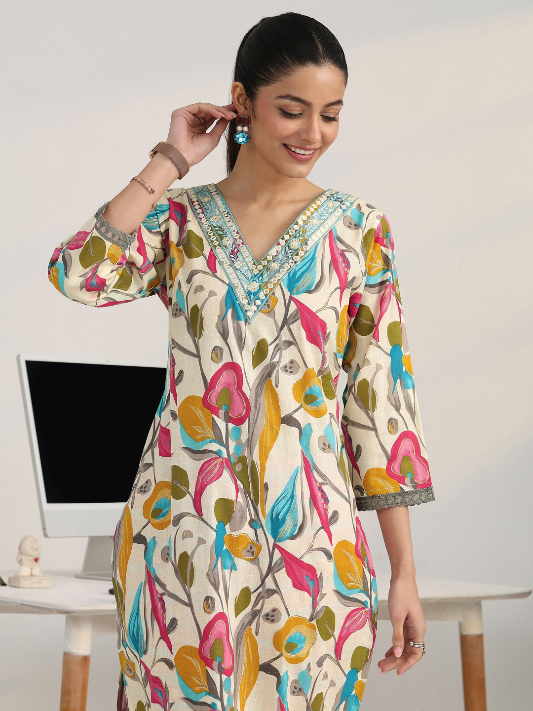  Multi Floral Woven Design Cotton Blend A-Line Suit Set With Dupatta 