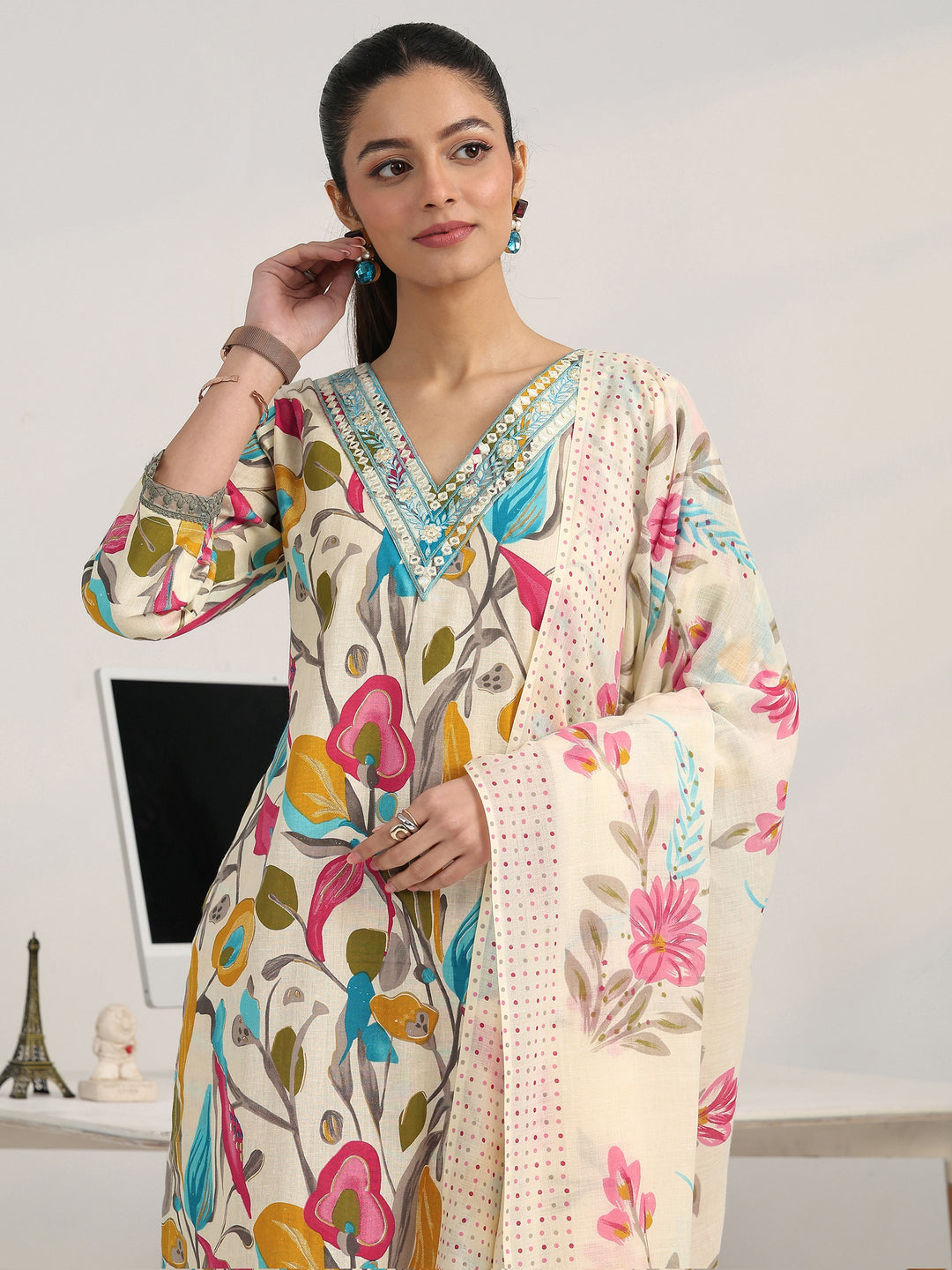  Multi Floral Woven Design Cotton Blend A-Line Suit Set With Dupatta 