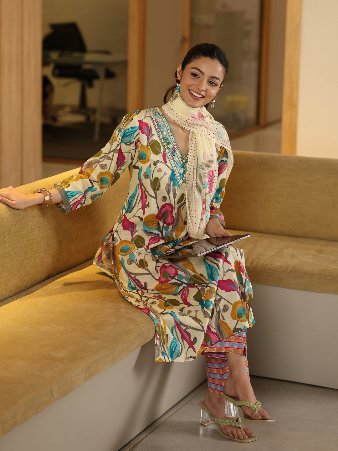  Multi Floral Woven Design Cotton Blend A-Line Suit Set With Dupatta 