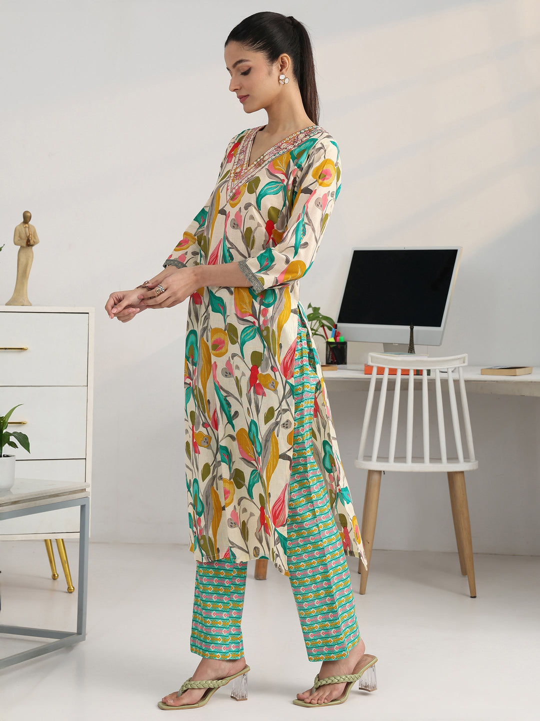  Multi Floral Woven Design Cotton Blend Straight Suit Set With Dupatta 