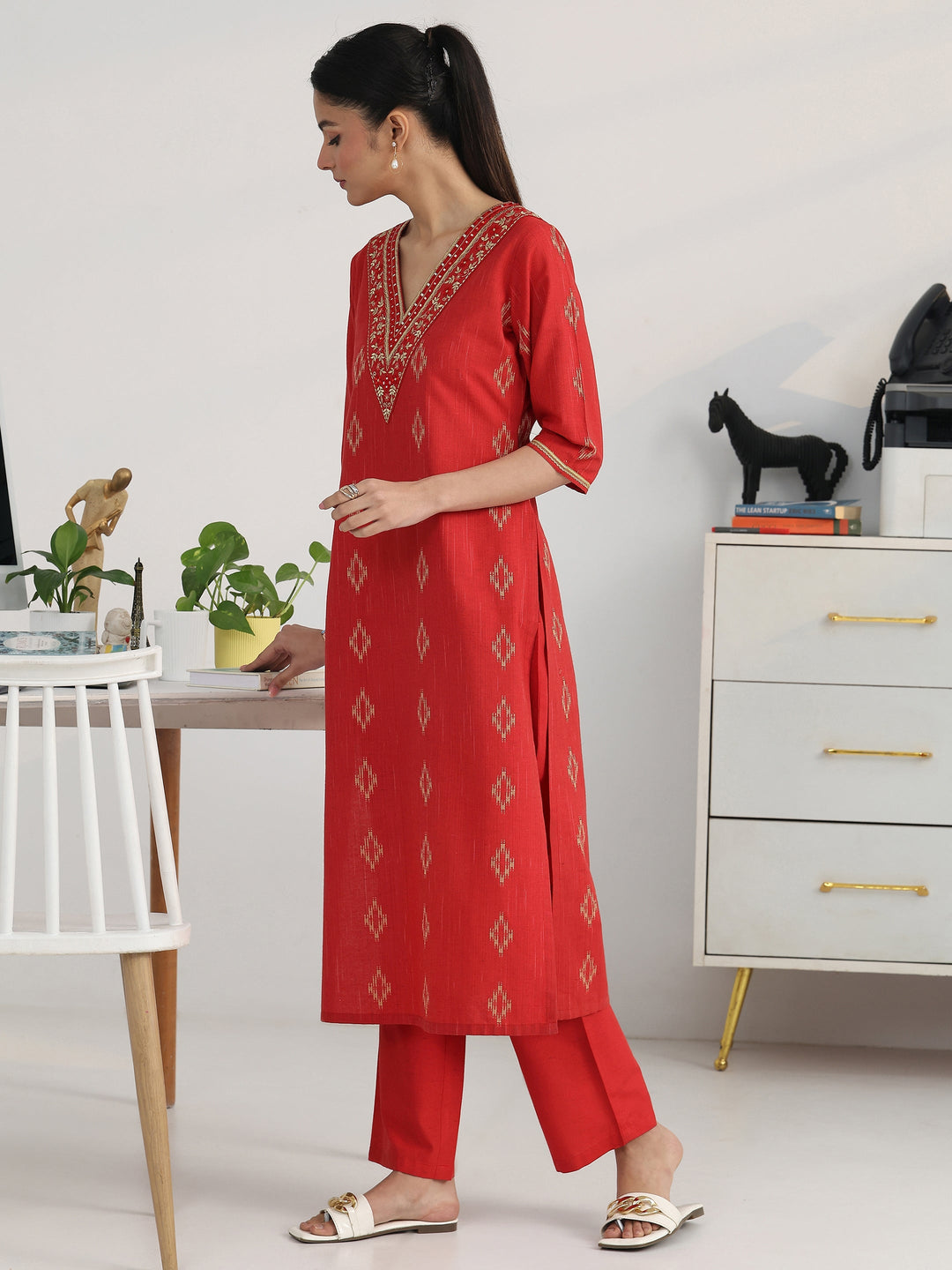  Red Geometric Woven Design Cotton Blend Straight Kurta Set 