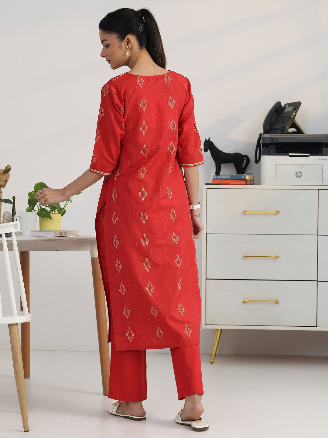  Red Geometric Woven Design Cotton Blend Straight Kurta Set 