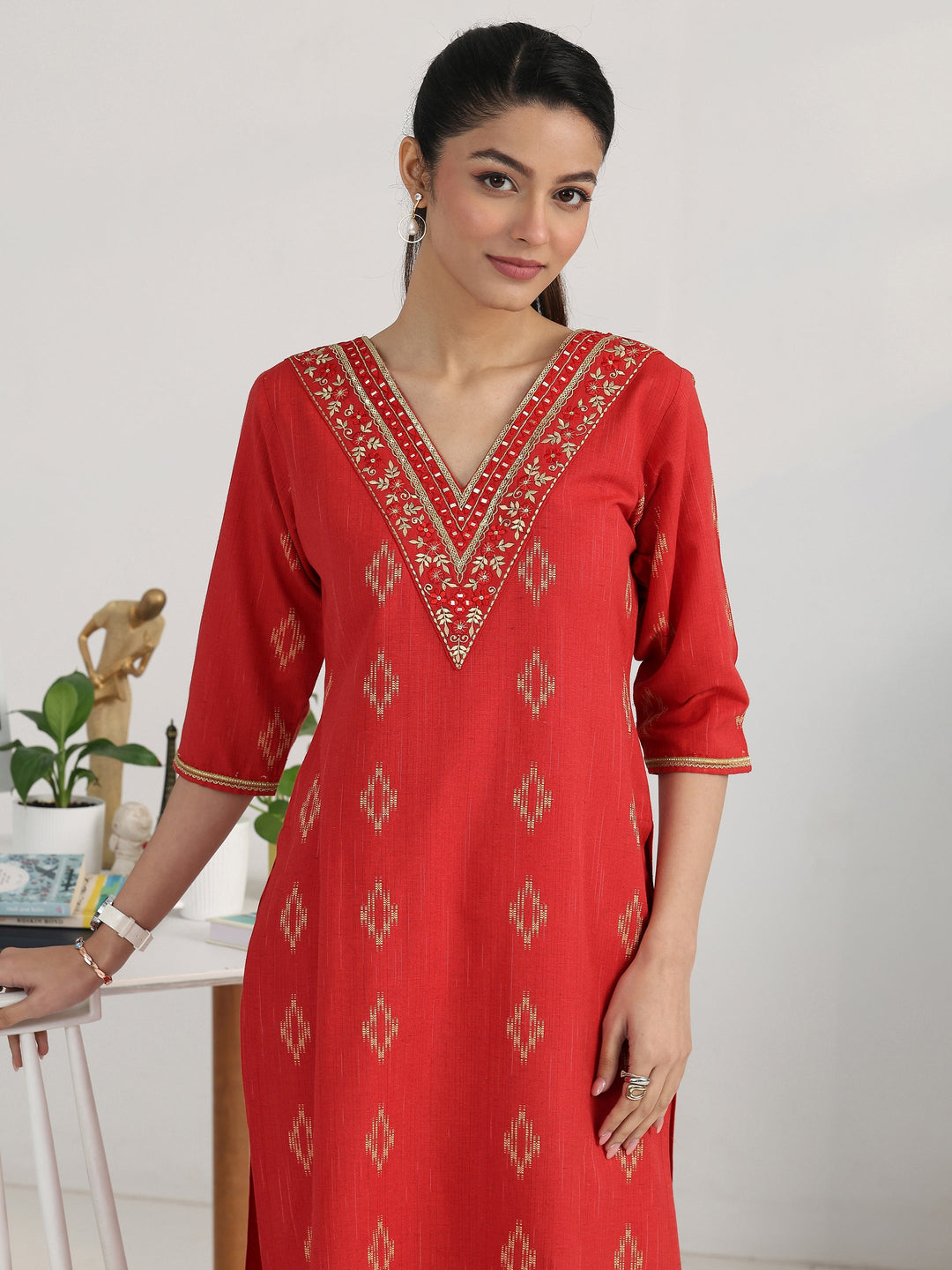  Red Geometric Woven Design Cotton Blend Straight Kurta Set 