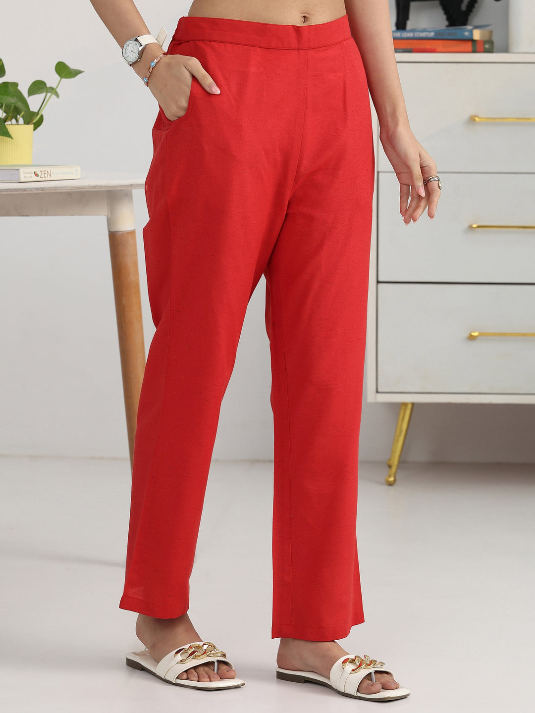  Red Geometric Woven Design Cotton Blend Straight Kurta Set 