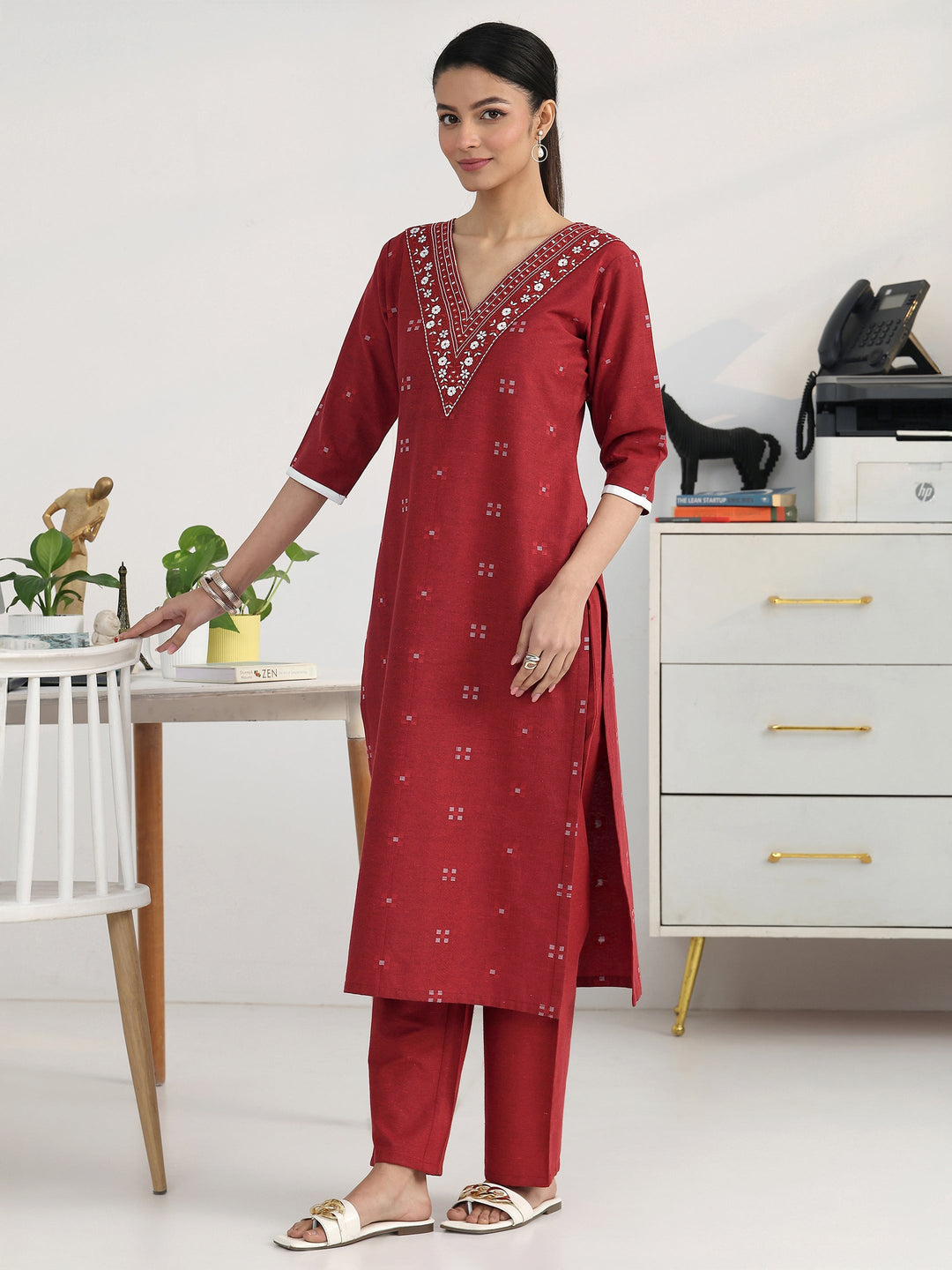  Maroon Geometric Woven Design Cotton Blend Straight Kurta Set 