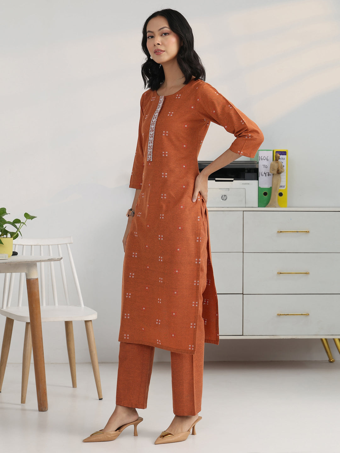  Rust Geometric Woven Design Cotton Blend Straight Kurta Set 