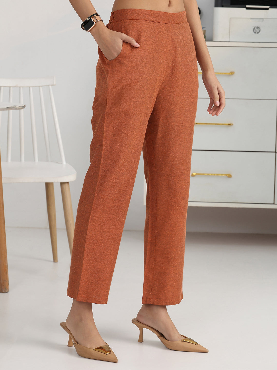  Rust Geometric Woven Design Cotton Blend Straight Kurta Set 