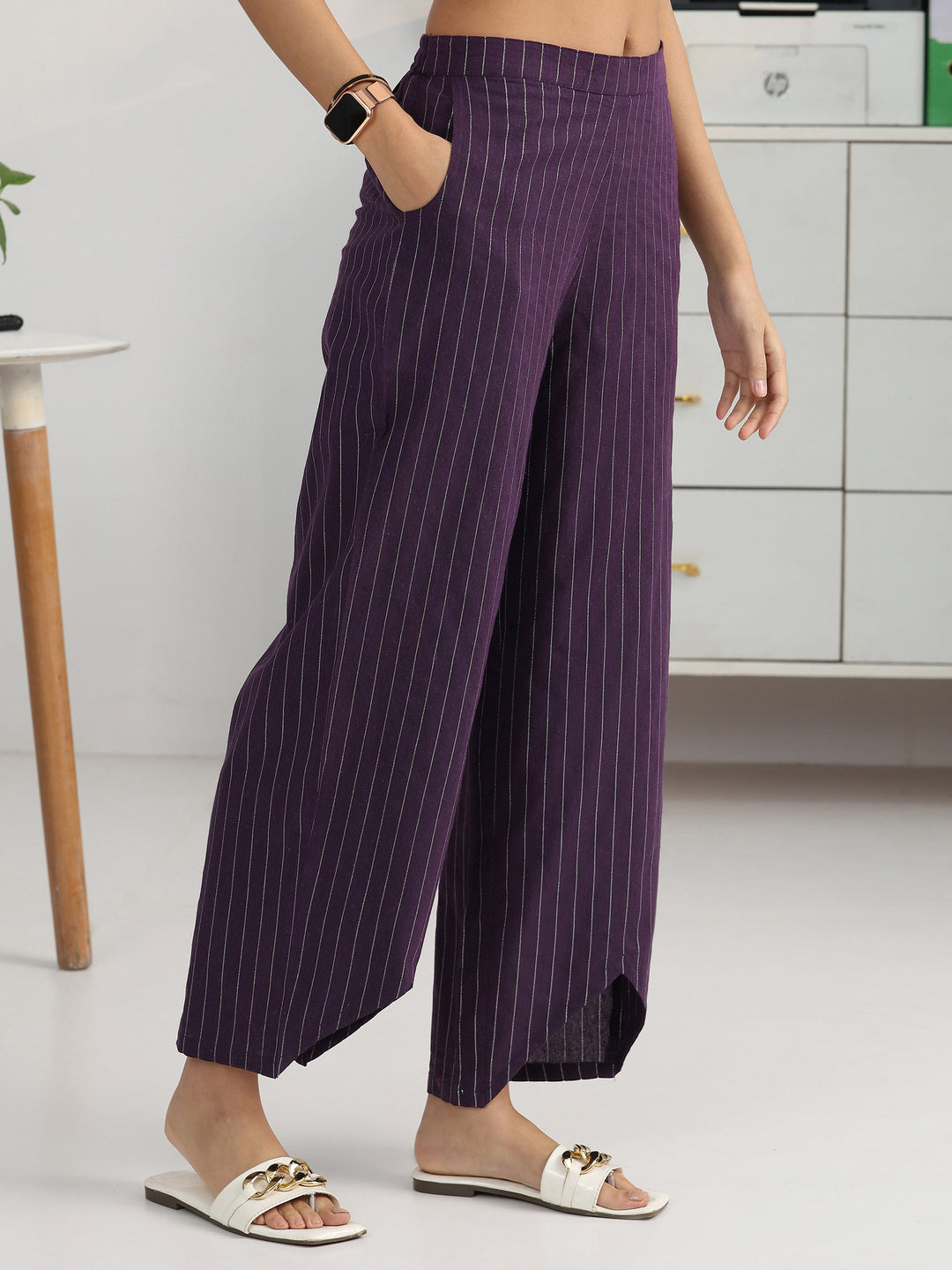  Purple Solid Cotton Blend Straight Kurta Set 