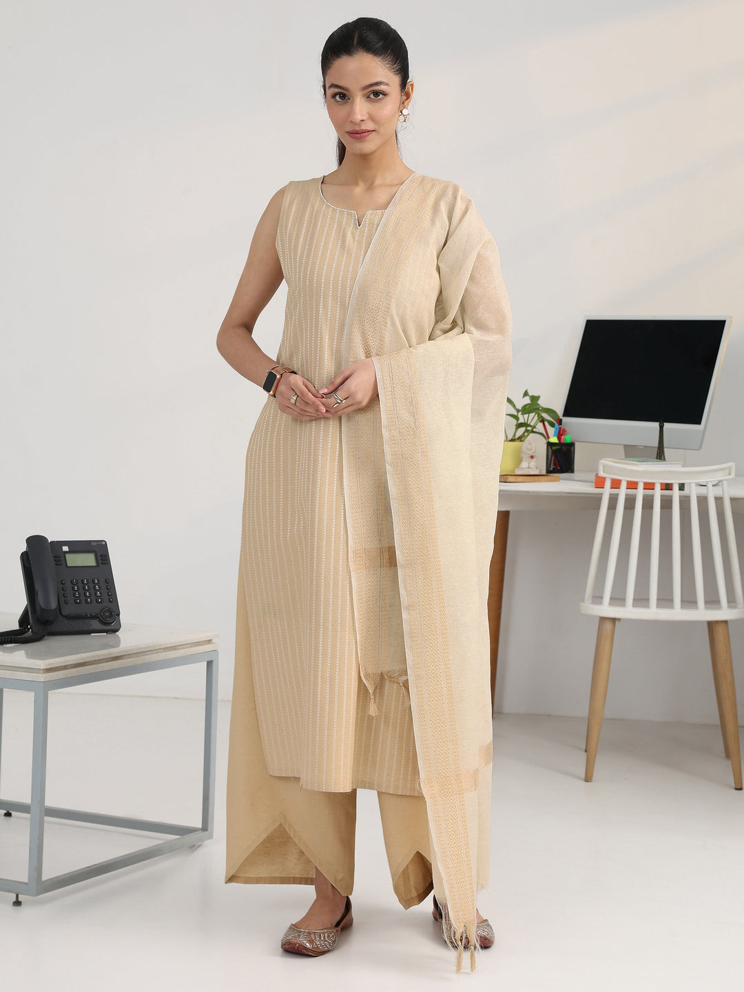  Cream Striped Woven Design Cotton Blend Straight Suit Set With Dupatta 