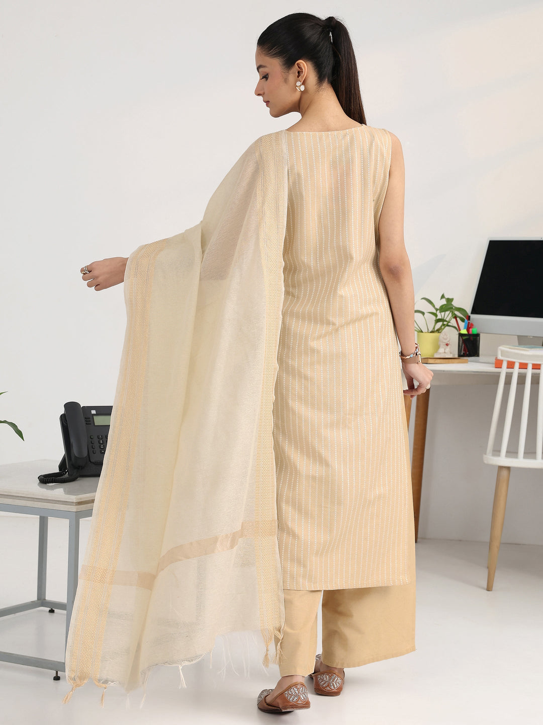  Cream Striped Woven Design Cotton Blend Straight Suit Set With Dupatta 