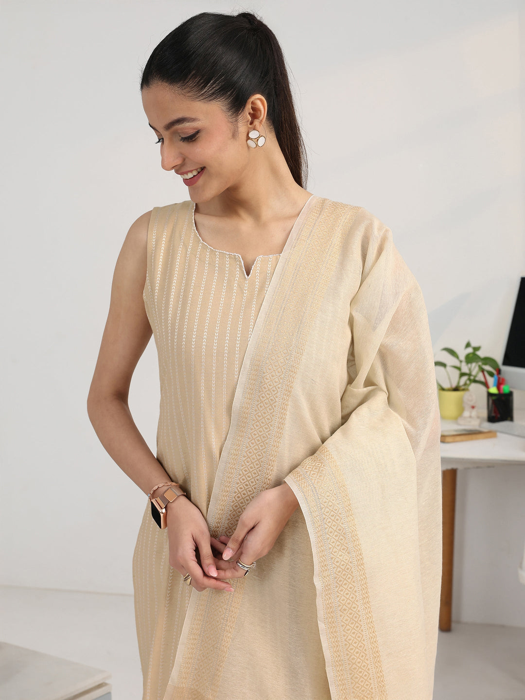  Cream Striped Woven Design Cotton Blend Straight Suit Set With Dupatta 