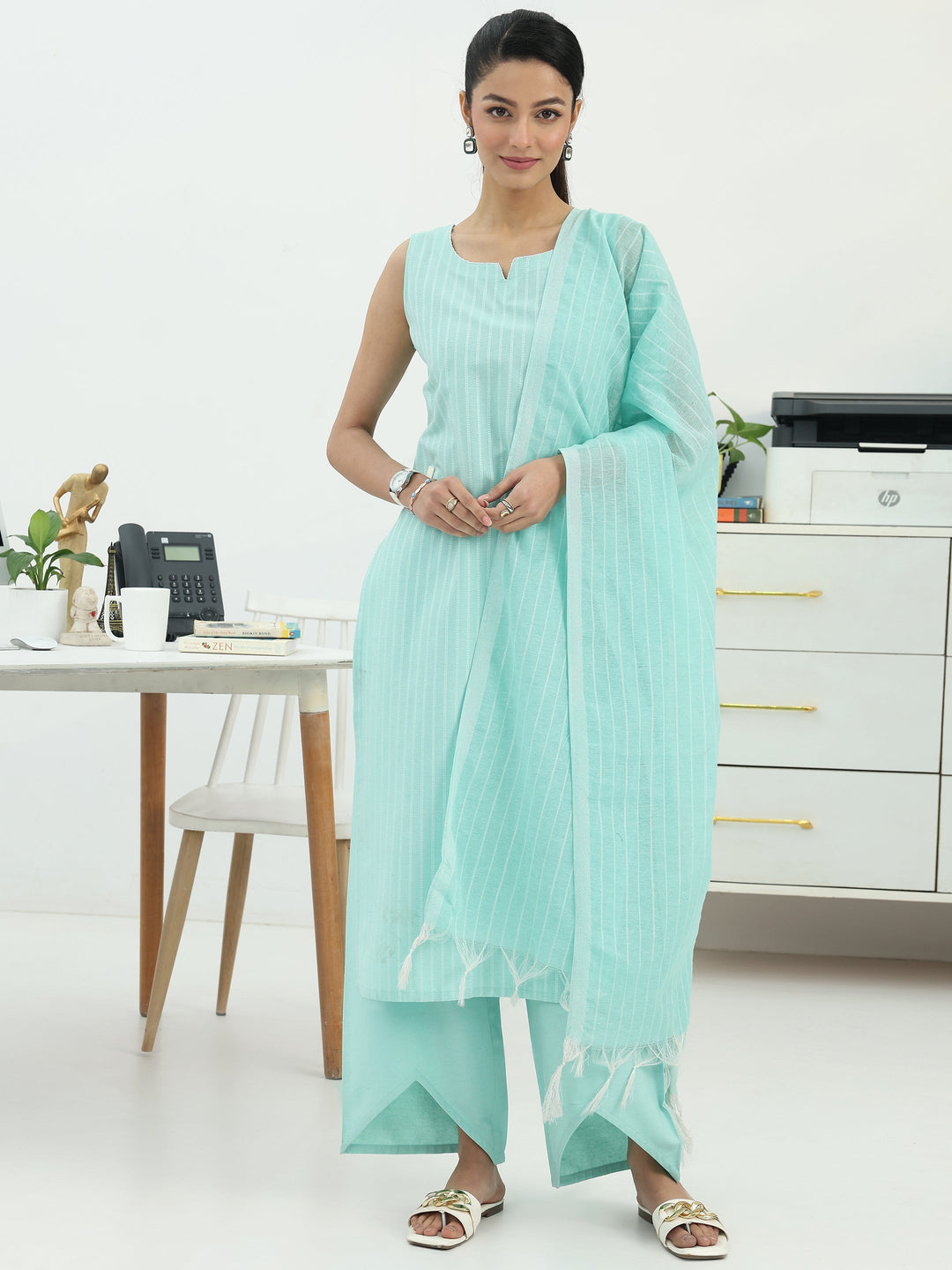  Blue Striped Woven Design Cotton Blend Straight Suit Set With Dupatta 