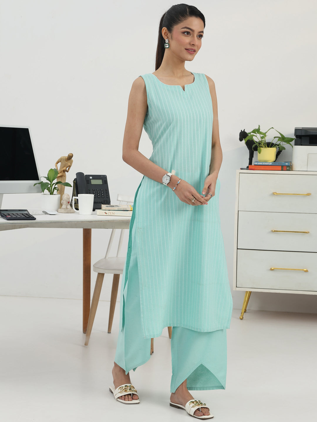  Blue Striped Woven Design Cotton Blend Straight Suit Set With Dupatta 