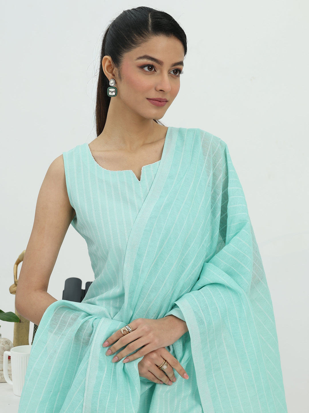  Blue Striped Woven Design Cotton Blend Straight Suit Set With Dupatta 