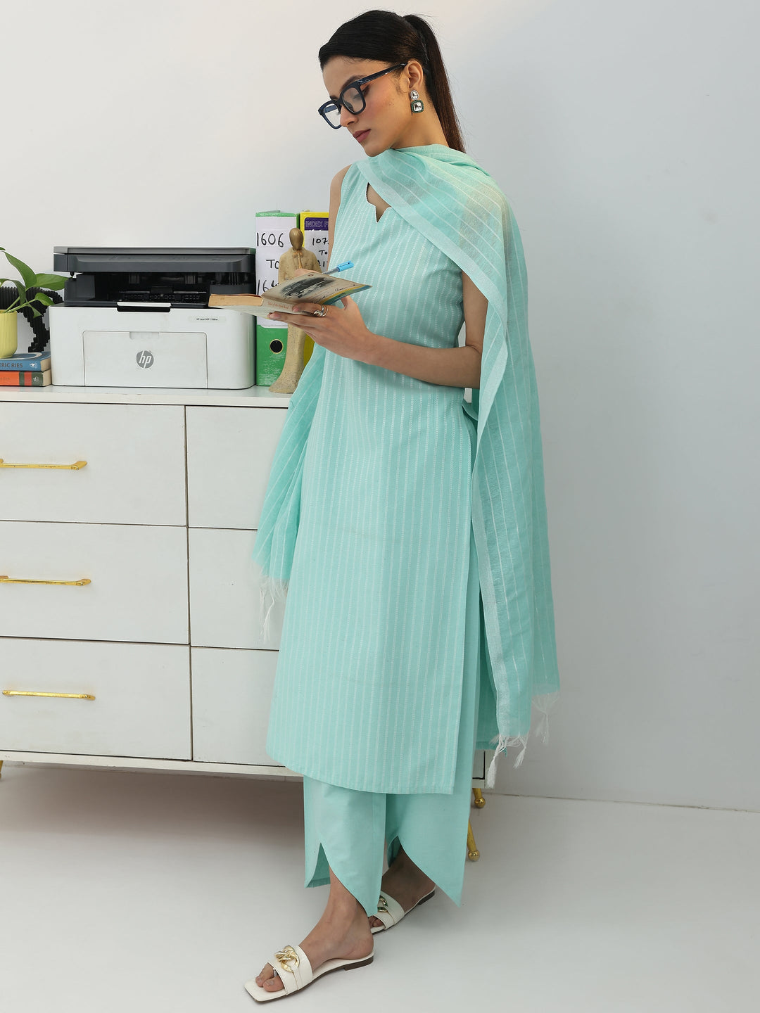  Blue Striped Woven Design Cotton Blend Straight Suit Set With Dupatta 