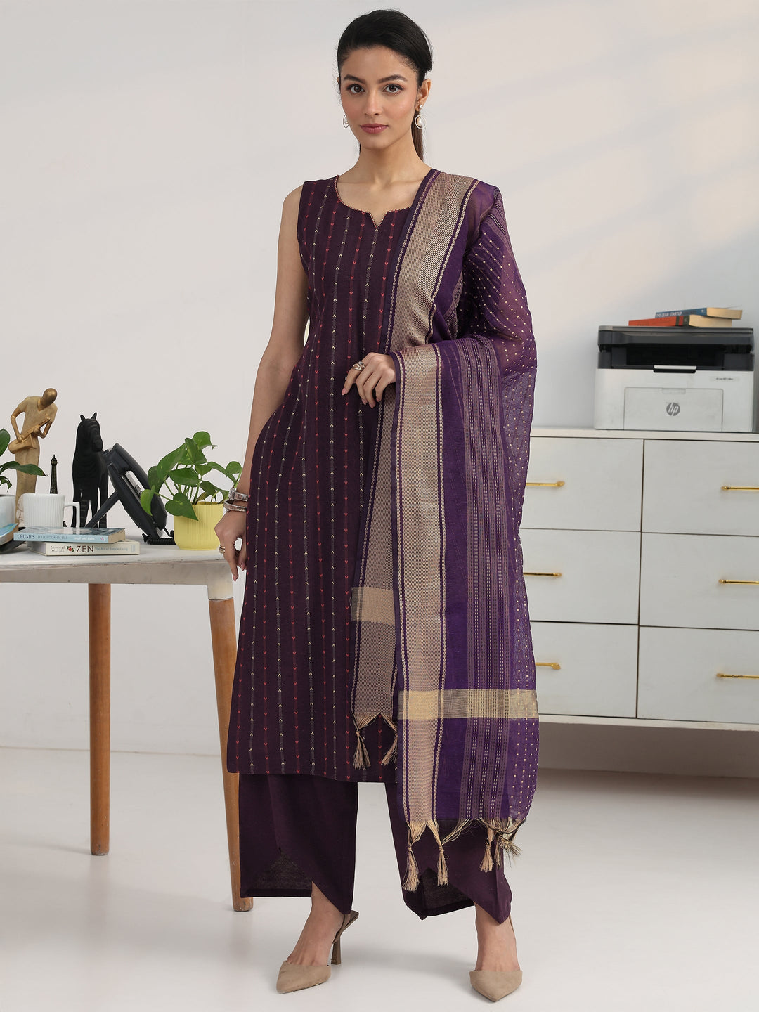  Purple Striped Woven Design Cotton Blend Straight Suit Set With Dupatta 