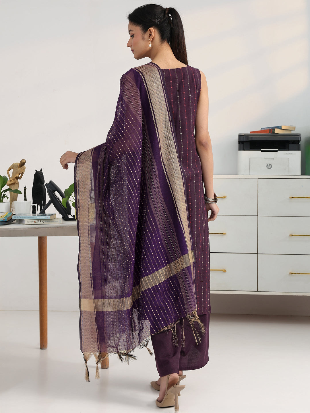  Purple Striped Woven Design Cotton Blend Straight Suit Set With Dupatta 