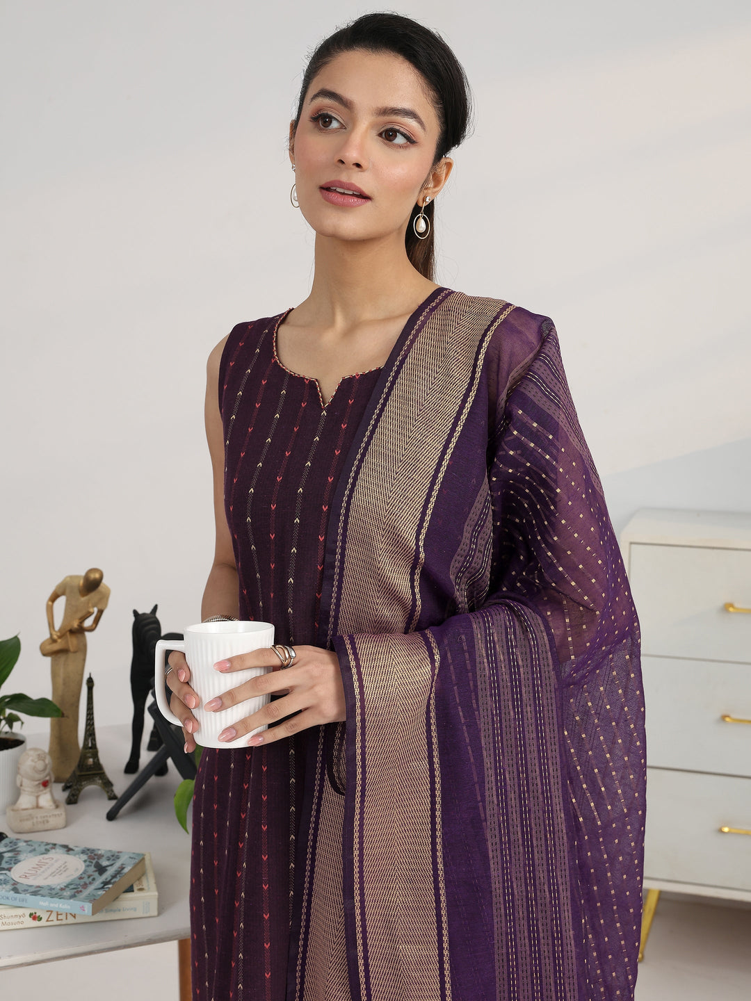 Purple Striped Woven Design Cotton Blend Straight Suit Set With Dupatta 