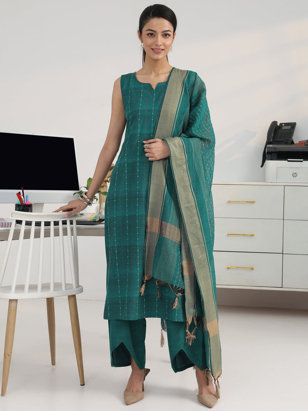  Teal Striped Woven Design Cotton Blend Straight Suit Set With Dupatta 