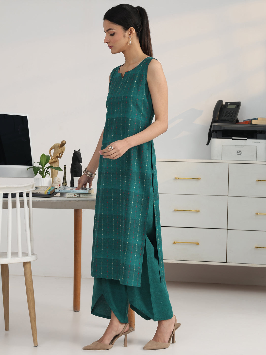  Teal Striped Woven Design Cotton Blend Straight Suit Set With Dupatta 