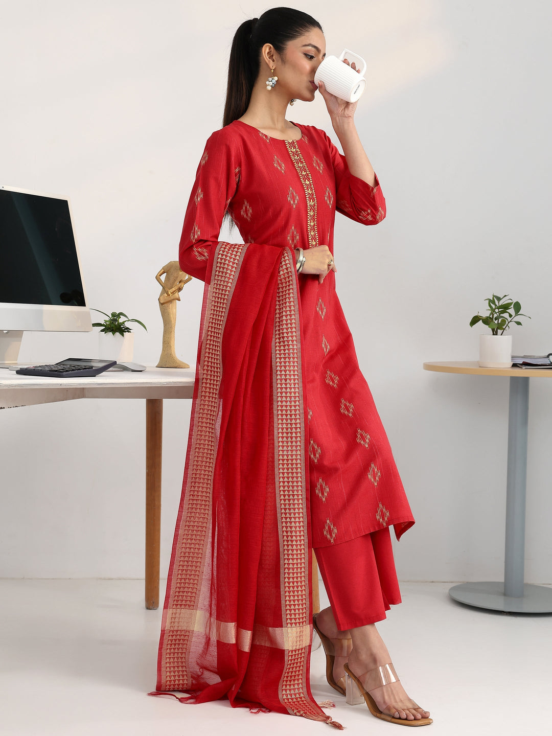  Red Geometric Woven Design Cotton Blend Straight Suit Set With Dupatta 